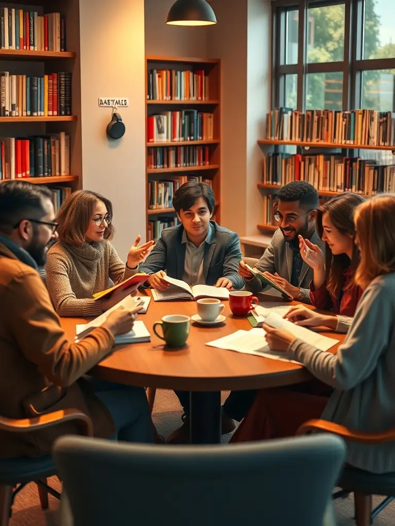 A photograph showcasing adults attending a book club meeting at API'THEQUE, discussing literature and sharing their perspectives in a cozy setting.