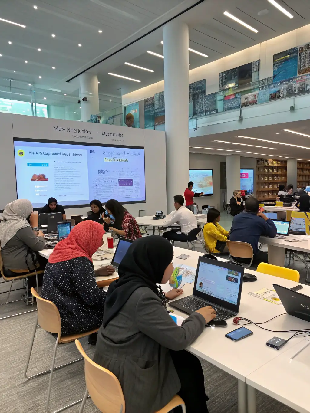 A group of adults attending a workshop on digital literacy at API'THEQUE, learning essential skills for navigating the online world.