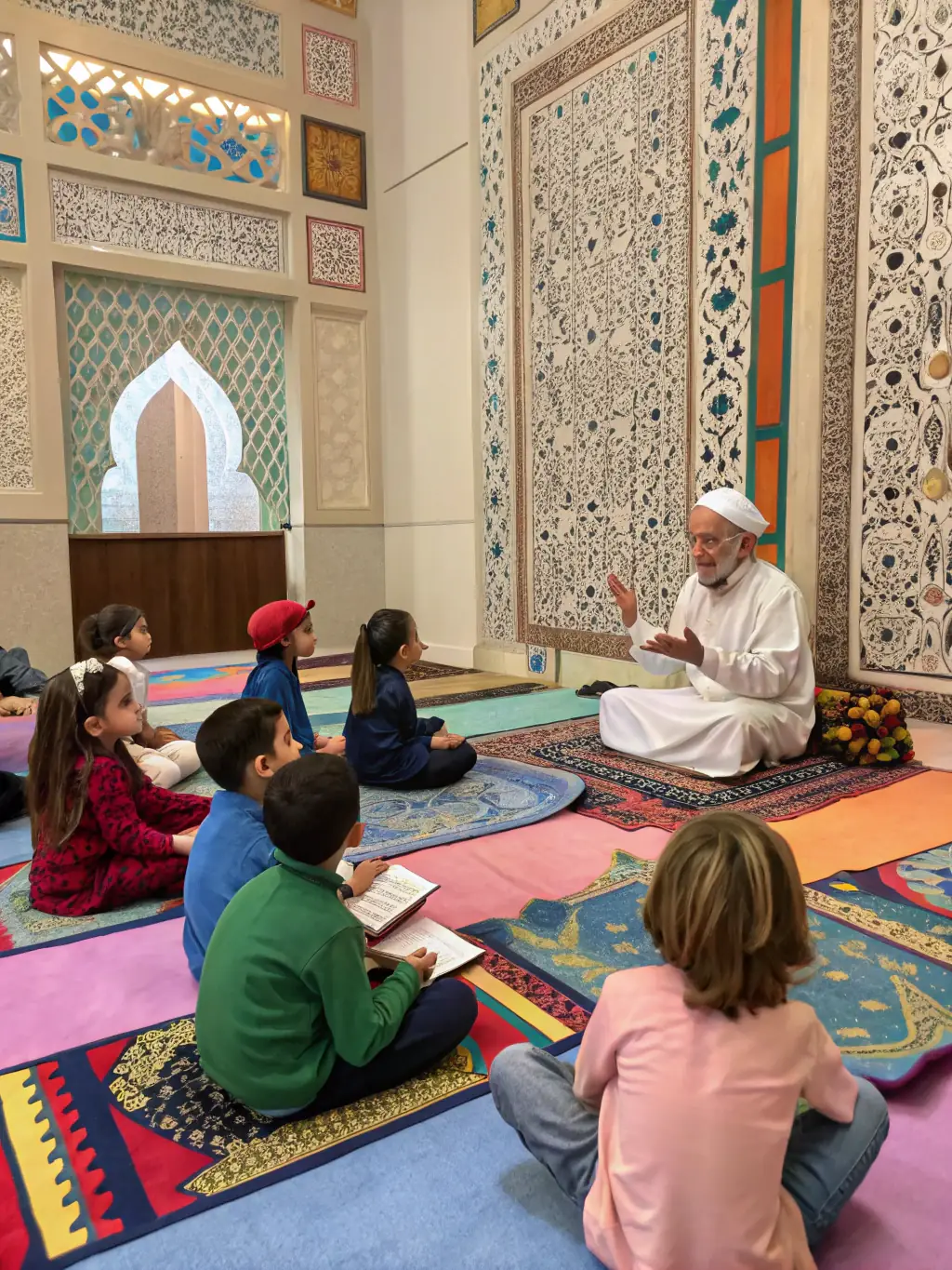 A vibrant photo of children participating in a storytelling session at API'THEQUE, surrounded by colorful books and engaged volunteers.