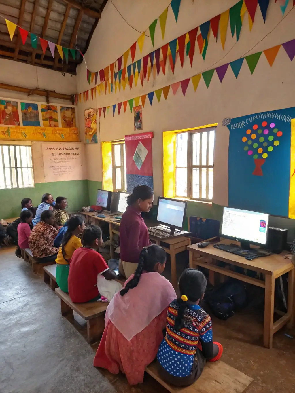 A photo showcasing a workshop on digital literacy at API'THEQUE, with participants learning how to use computers and online resources.