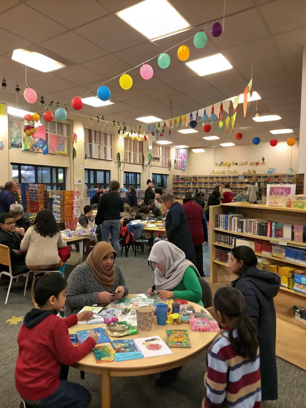 A photo showcasing a community book exchange event at API'THEQUE, with people of all ages browsing and swapping books.
